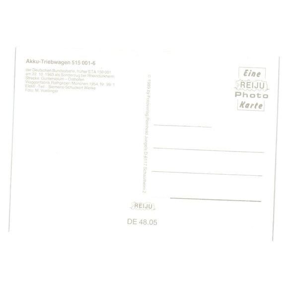 Vintage Deutsche Bundesbahn Akku-Triebwagen 515 Postcard 1989 REIJU Train Photo - Picture 2 of 2